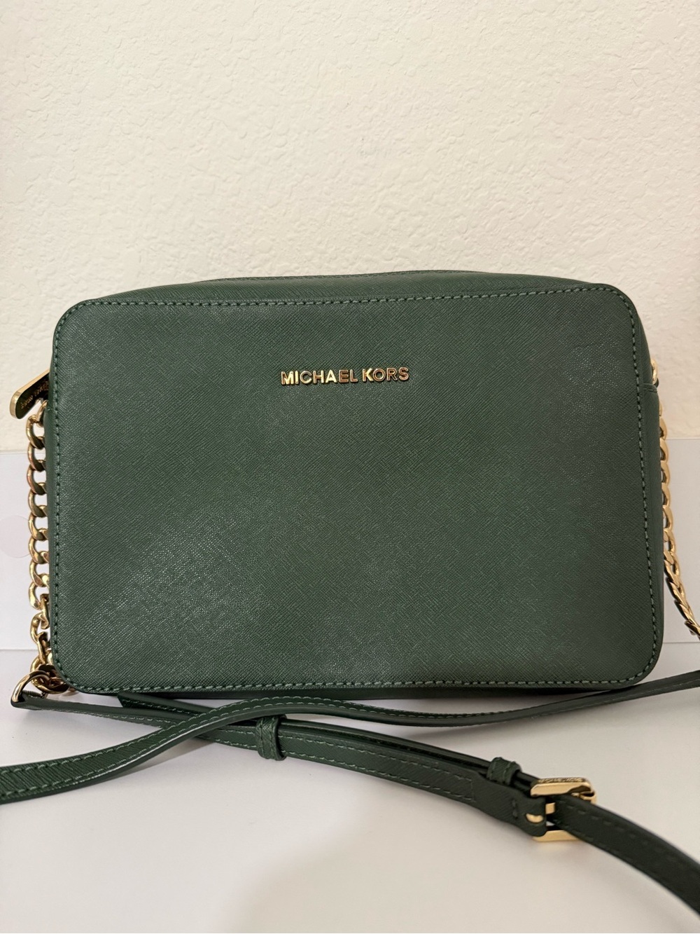 Michael Kors Dark Green Leather Crossbody Bag with Gold Hardware